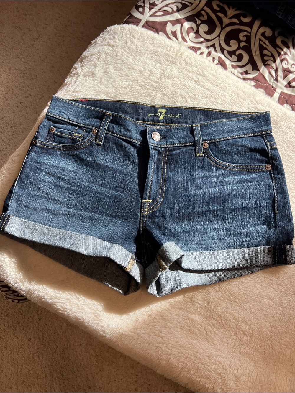 7 For All Mankind Dark Blue Rolled Cuff Denim Shorts